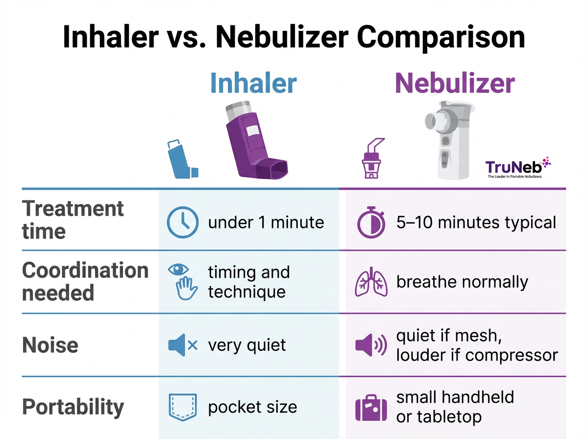 Inhaler vs Nebulizer Comparison Infographic COPD inhaler vs nebulizer comparison chart for COPD showing time, coordination, noise, and portability.