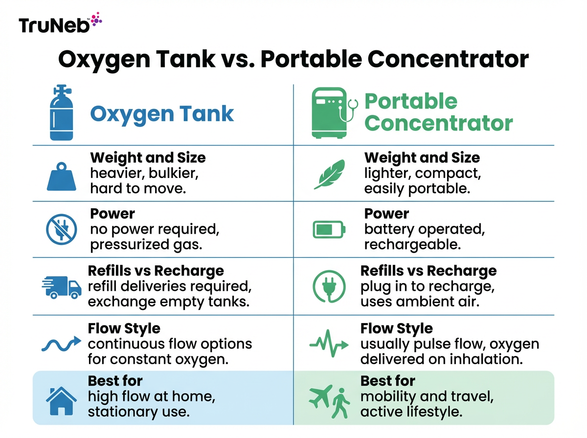 Oxygen Tank vs Portable Concentrator Infographic COPD oxygen tank vs portable oxygen concentrator comparison chart.
