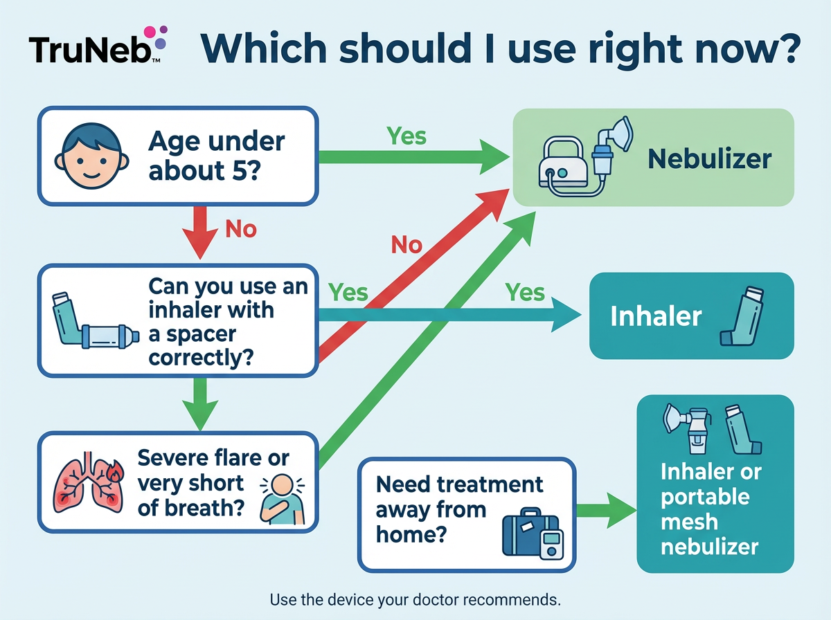 Flowchart for people with asthma or COPD showing when to use an inhaler, nebulizer, or portable mesh nebulizer based on age, technique, symptom severity, and where treatment is needed.