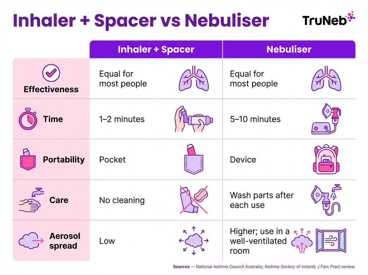 Inhaler and spacer versus nebuliser comparison infographic
