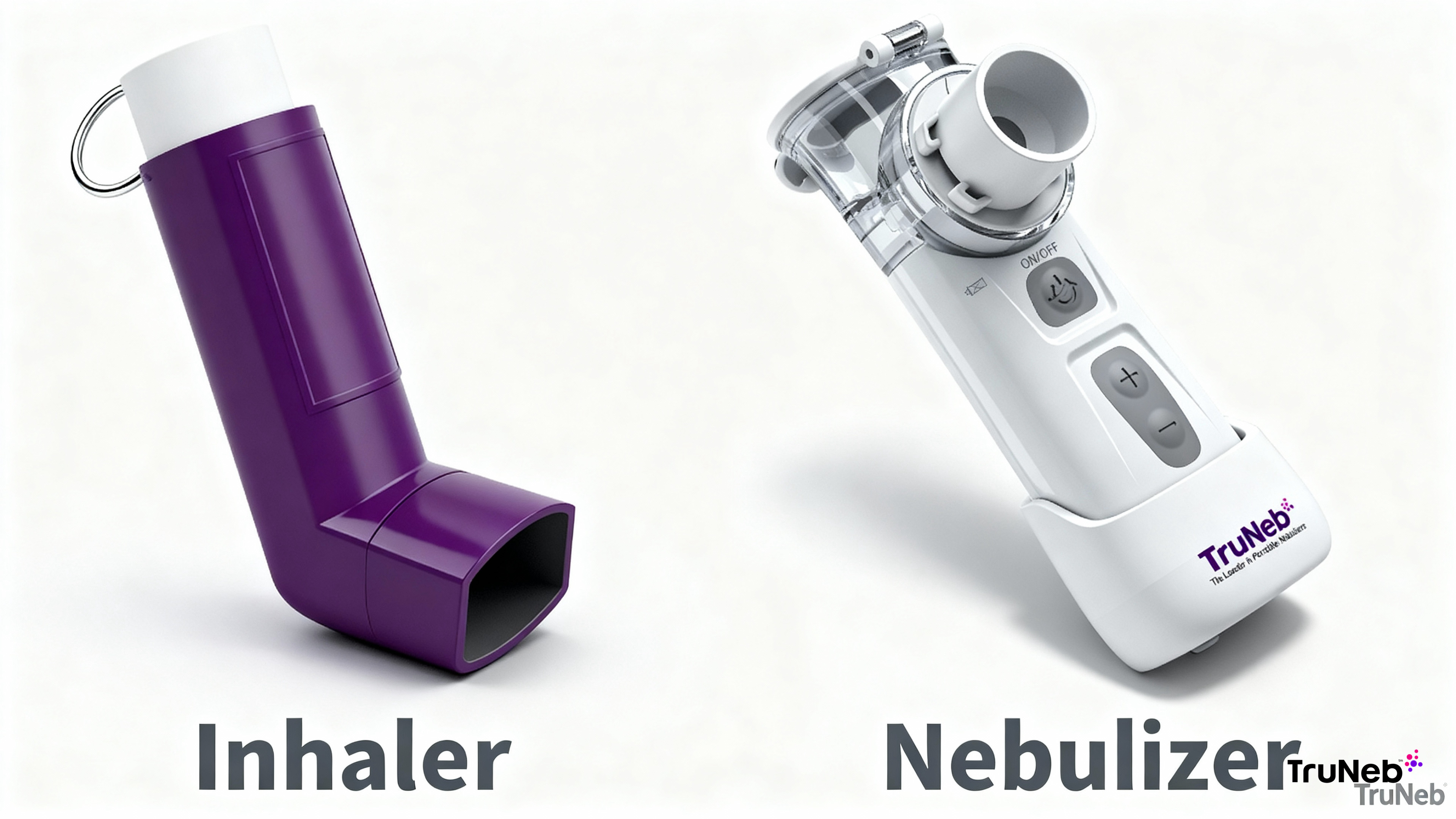 Inhaler vs nebulizer side-by-side on white background