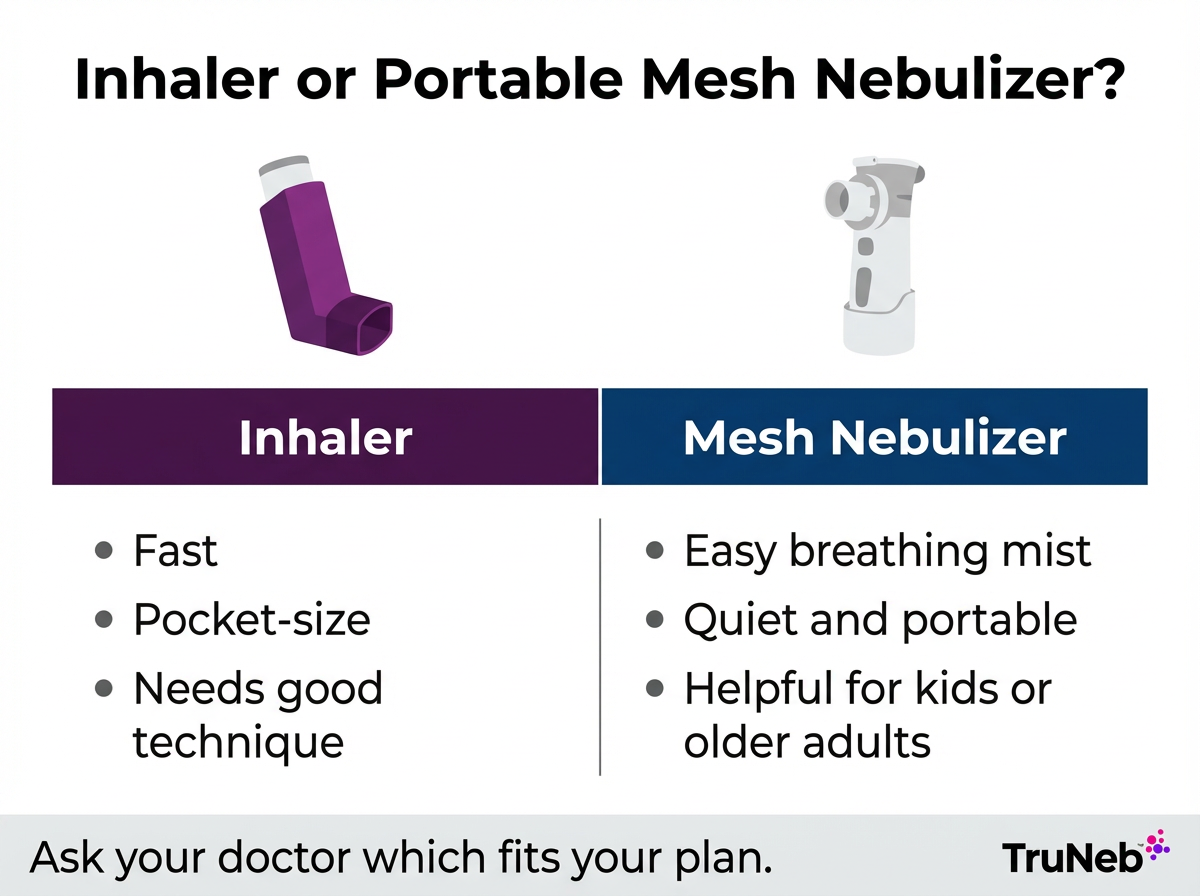 Inhaler or Portable Mesh Nebulizer Comparison Chart Comparison chart explaining when an inhaler or portable mesh nebulizer may be a better fit.
