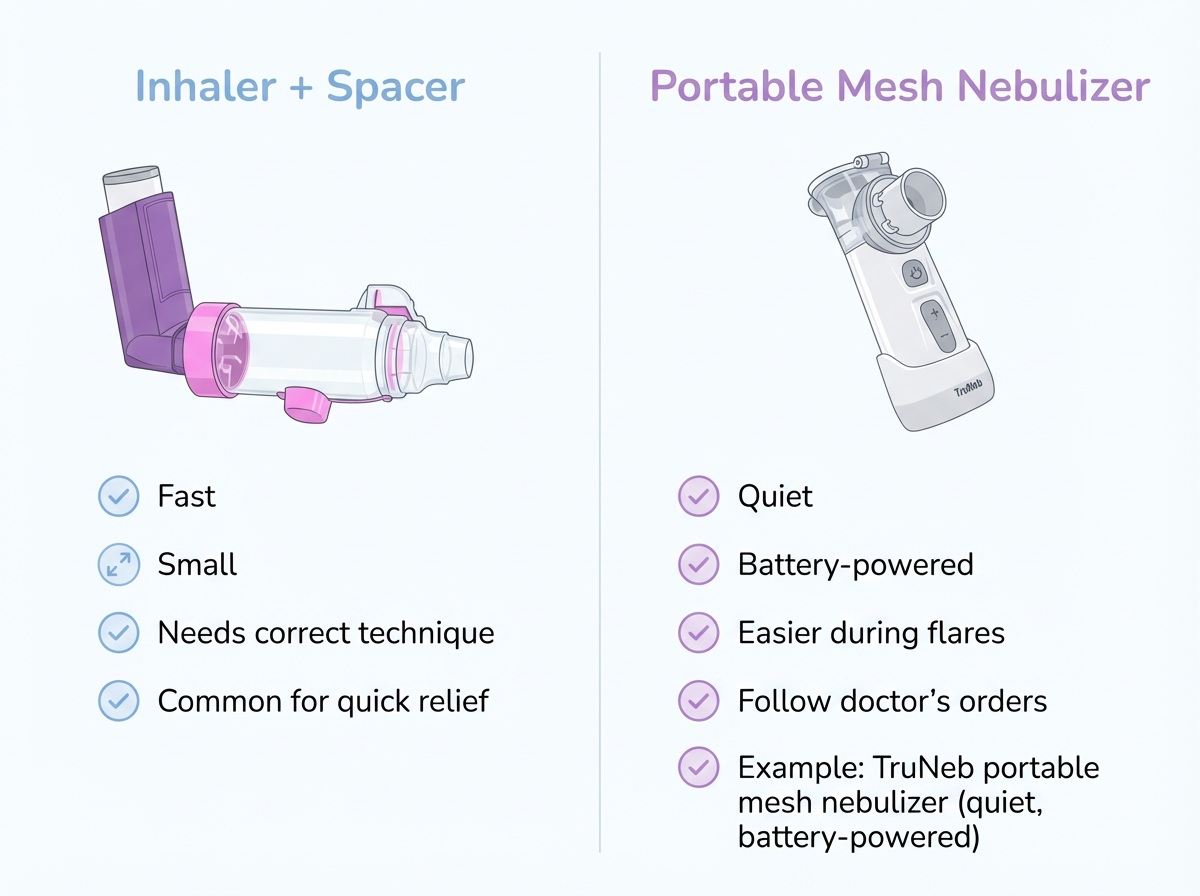 Infographic comparing inhaler with spacer and portable mesh nebulizer