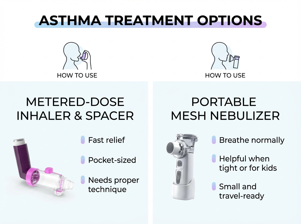 Inhaler with Spacer vs Portable Mesh Nebulizer Inhaler with spacer vs portable mesh nebulizer comparison infographic