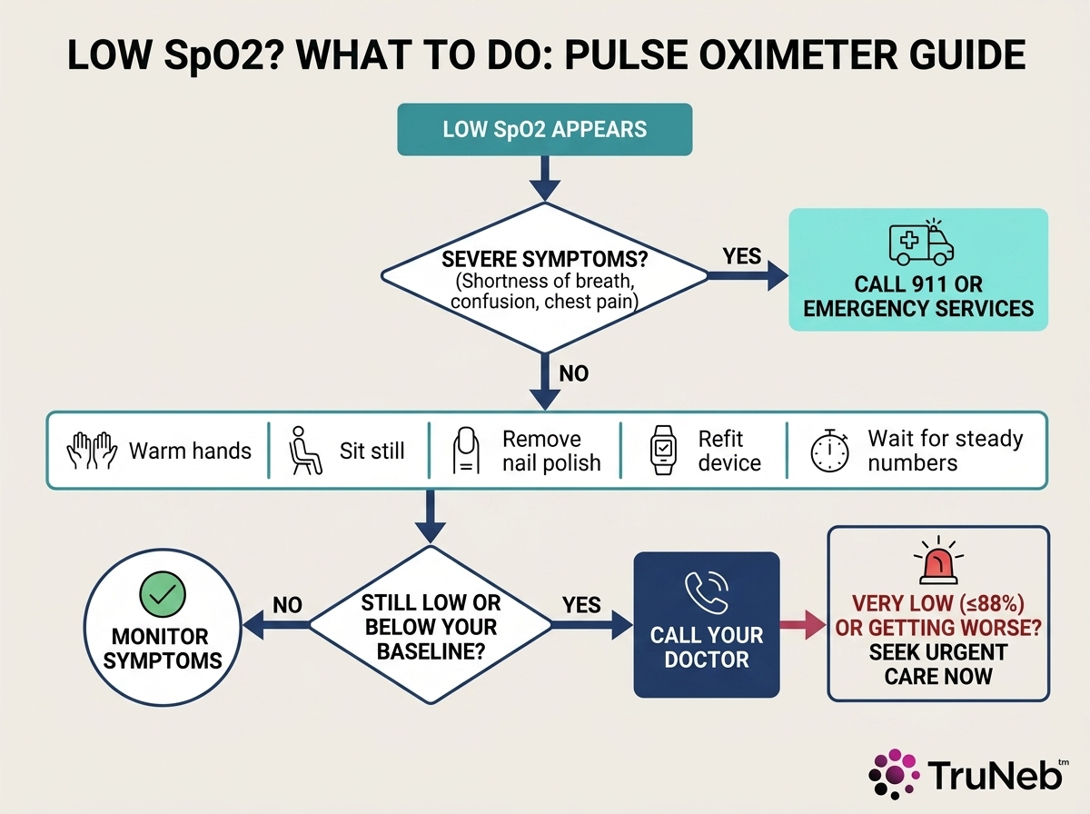 Decision tree showing steps to repeat a low pulse oximeter reading and when to call a doctor, urgent care, or 911.
