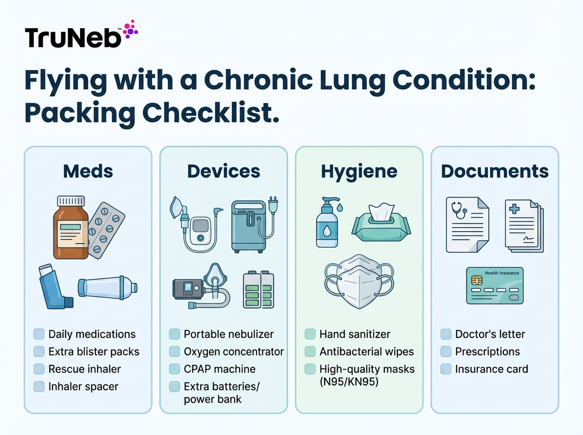 Infographic packing checklist for flying with a chronic lung condition, grouped into meds, devices, hygiene, and documents