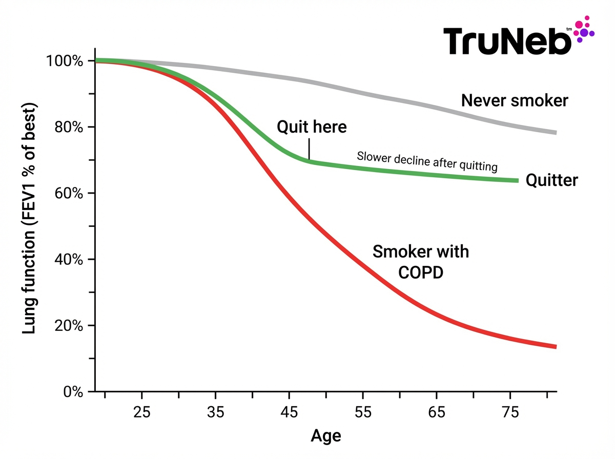 Lung function decline after quitting smoking Chart showing that quitting smoking flattens the steep decline in lung function toward a gentler, age-related slope.