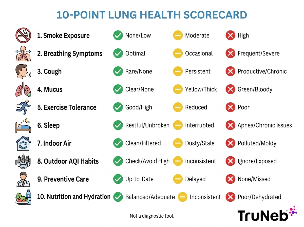 10-Point Lung Health Scorecard 10-point lung health scorecard infographic with green, yellow, and red markers for smoke exposure, symptoms, cough, mucus, exercise, sleep, air quality, preventive care, nutrition, and hydration
