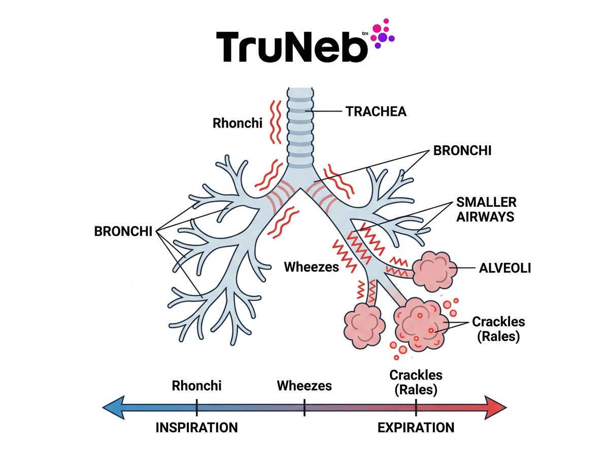 Educational diagram of the lungs and airways showing where rhonchi, wheezes, and crackles (rales) originate and when they occur during inspiration versus expiration.