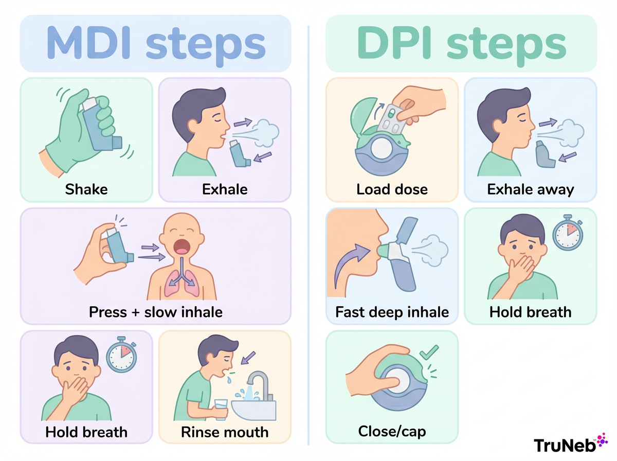 Infographic showing side-by-side step-by-step instructions for using MDI and DPI inhalers.