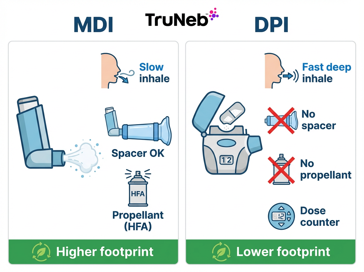 Infographic comparing MDI and DPI inhalers, including inhalation technique, spacer use, propellant, and environmental footprint.