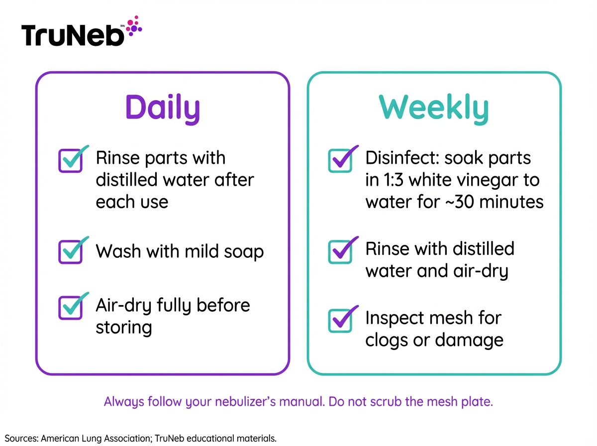 Mesh nebulizer cleaning checklist infographic Checklist for daily and weekly cleaning of a mesh nebulizer.