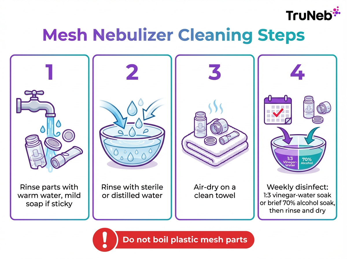 Mesh nebulizer cleaning steps infographic