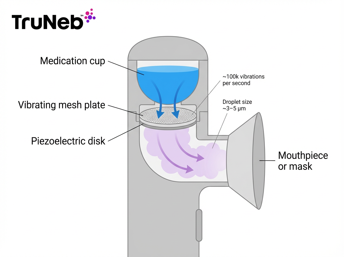 Mesh nebulizer cross-section infographic Cross-section showing how vibration pushes liquid through a micro-hole mesh to create mist.