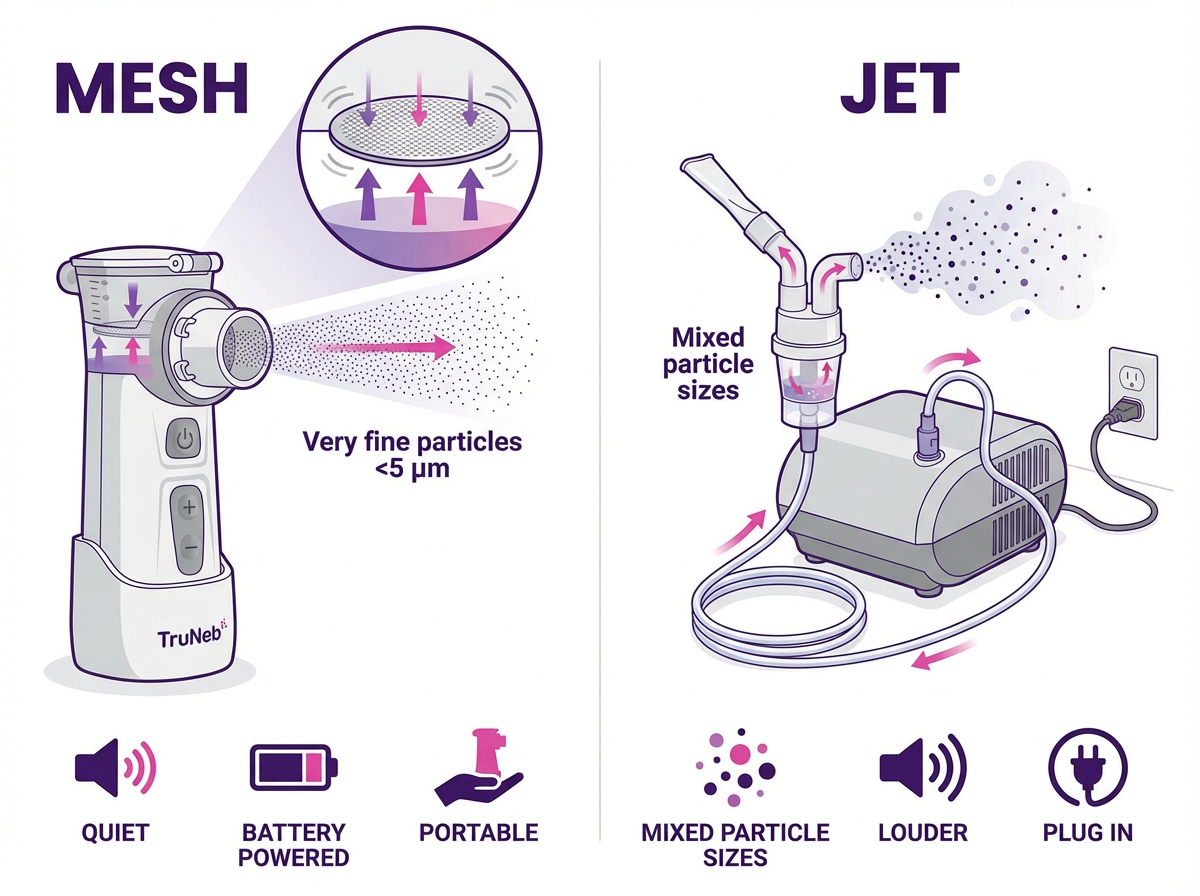 Mesh vs Jet Nebulizer Mechanisms Illustrated comparison of mesh nebulizer vs jet nebulizer mechanisms