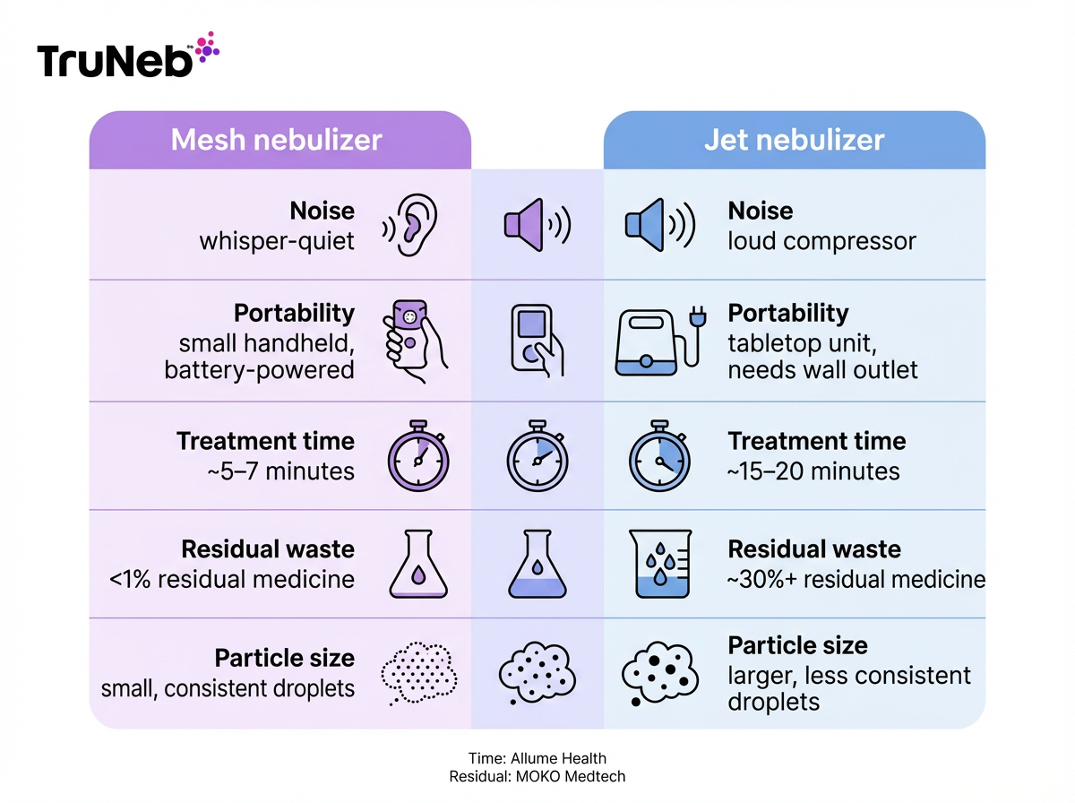 Mesh vs jet nebulizer comparison infographic Infographic comparing mesh and jet nebulizers on noise, portability, treatment time, and medicine waste.