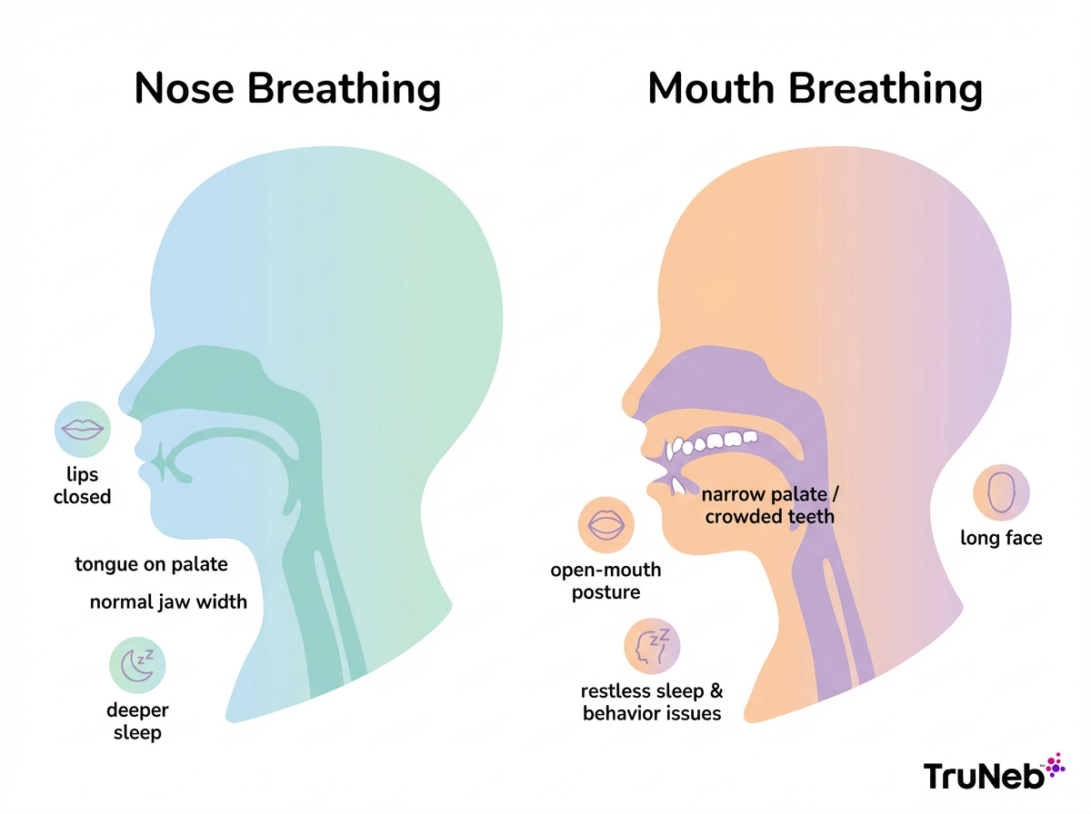 Mouth Breathing in Children Infographic Infographic showing nose breathing and mouth breathing effects on a child's face and airway