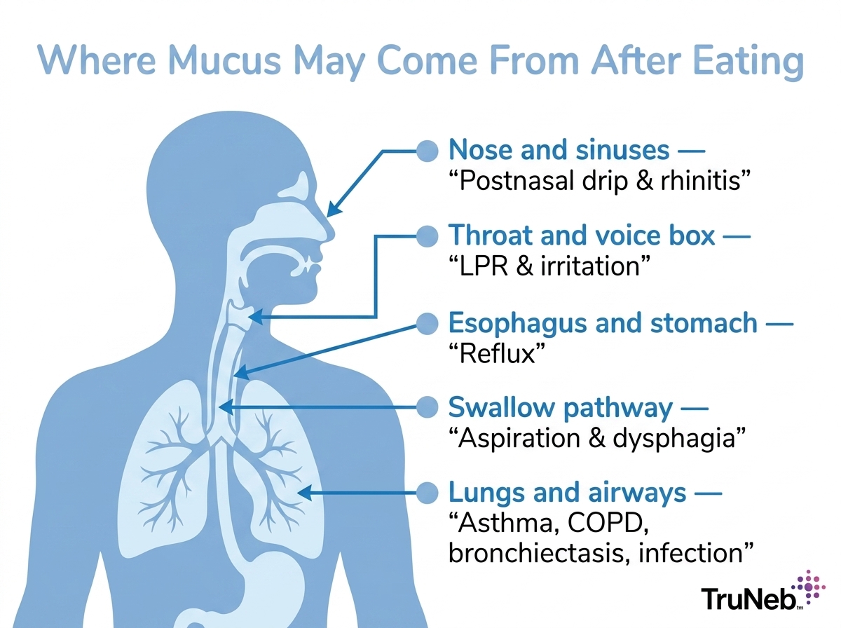 Diagram showing possible sources of mucus after eating, including sinuses, throat, reflux, swallowing problems, and lungs.