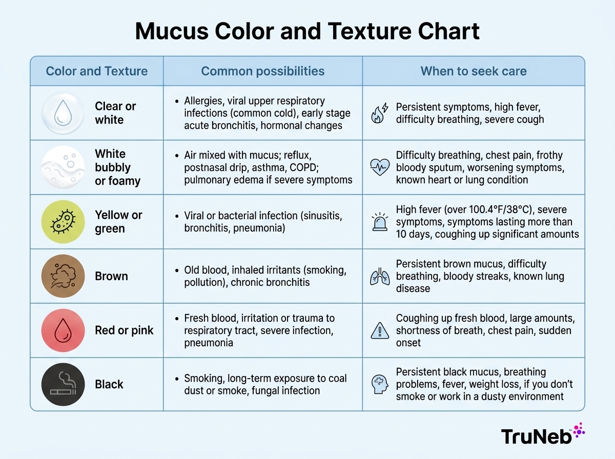 Medical chart showing mucus colors and textures with common possibilities and when to seek care