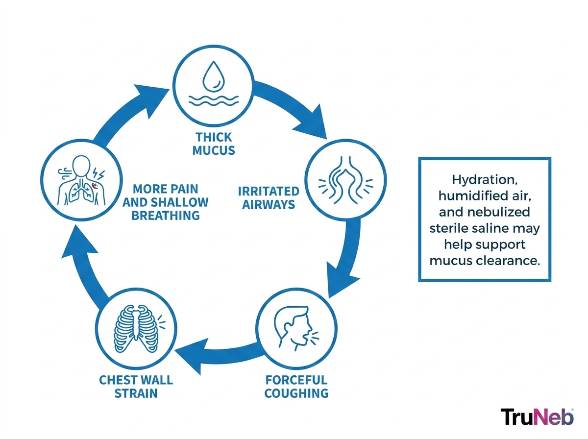 Loop infographic showing the mucus cough pain cycle from thick mucus to irritated airways, forceful coughing, chest wall strain, and shallow breathing