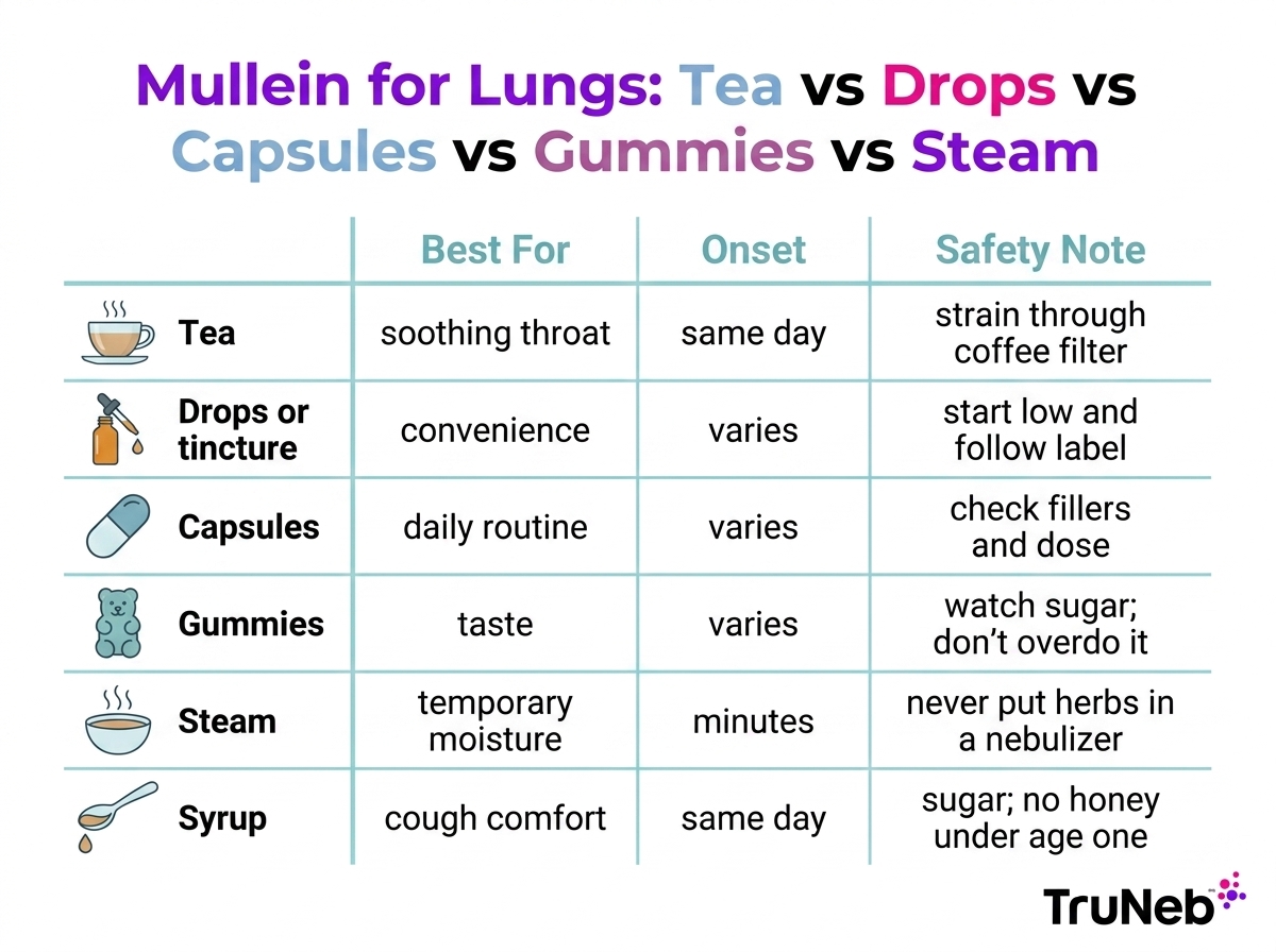 Mullein for Lungs: Tea vs Drops vs Capsules vs Gummies vs Steam Mullein tea drops capsules gummies steam and syrup comparison for lung support