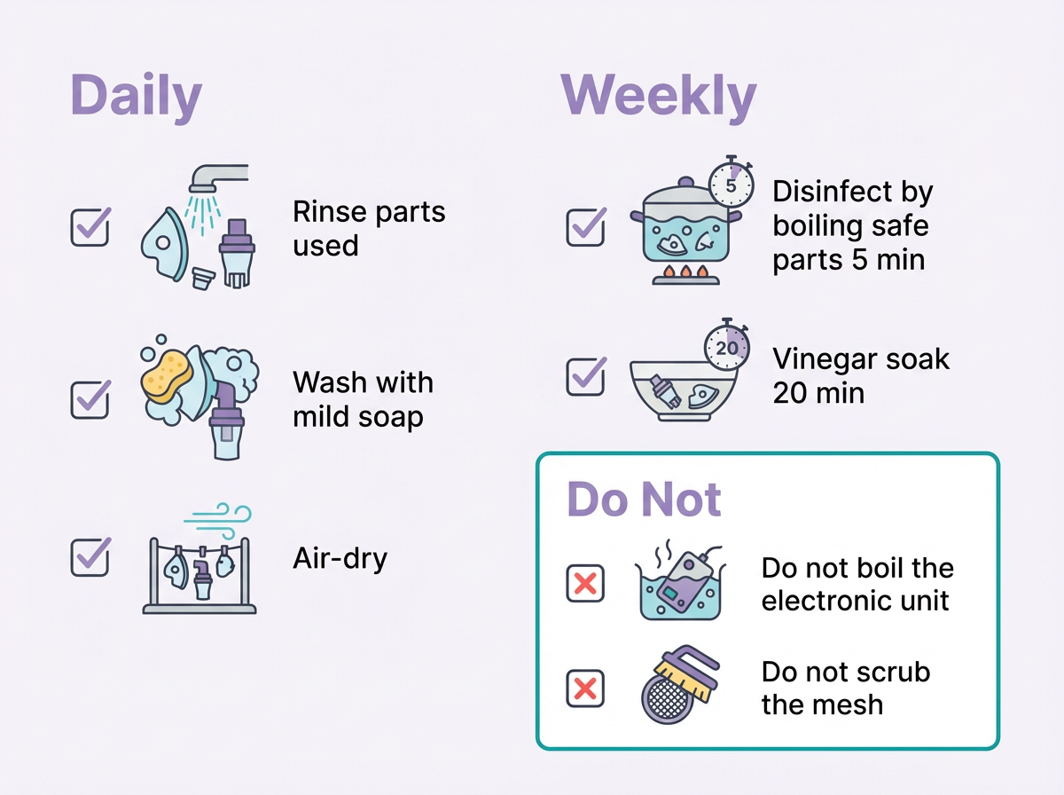 Nebulizer cleaning and disinfection checklist Daily and weekly nebulizer cleaning checklist infographic