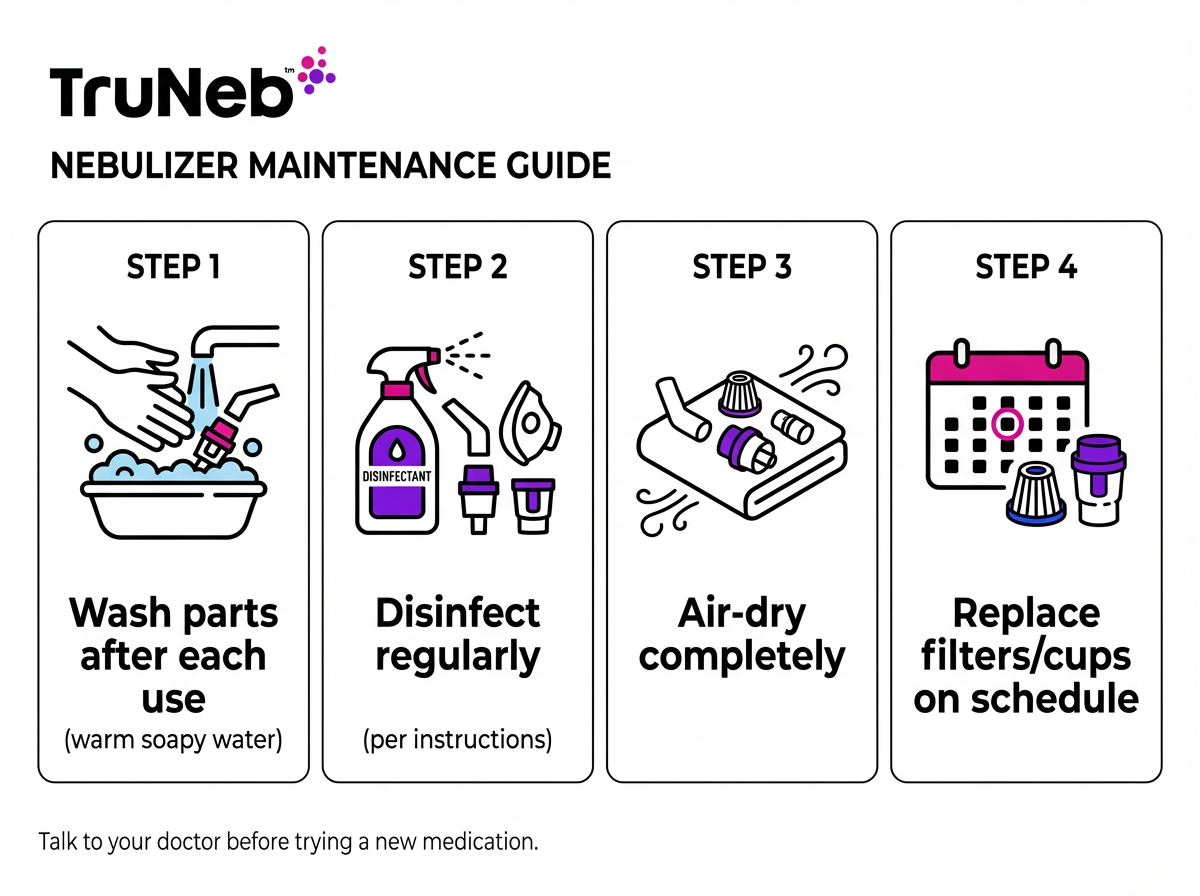 Home nebulizer maintenance steps Four-step home nebulizer maintenance guide infographic