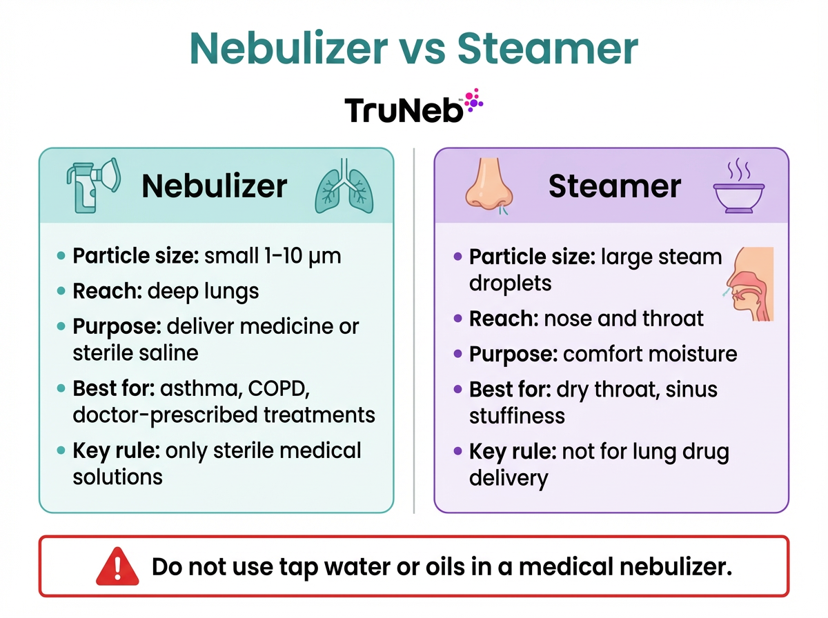 Nebulizer vs Steamer comparison infographic outlining particle size, reach, purpose, best uses, and key rules