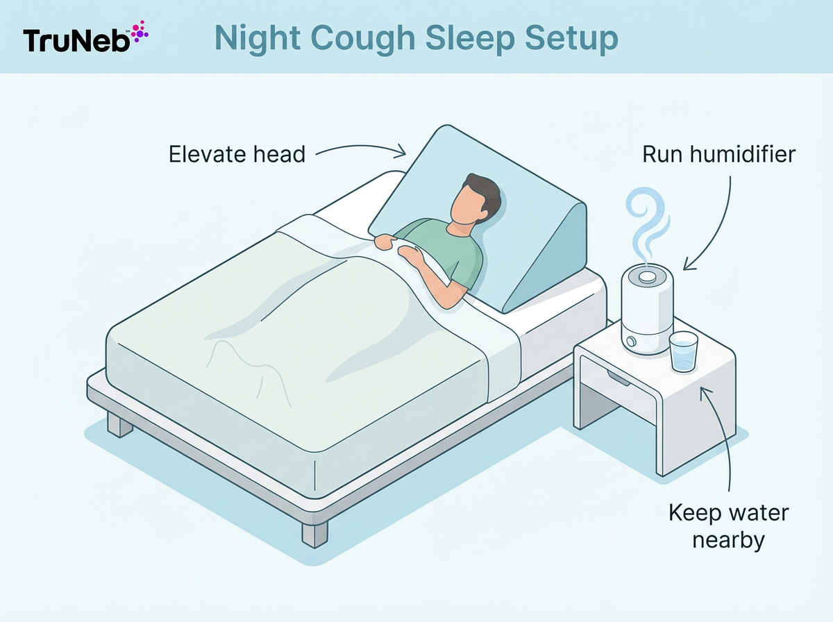 Infographic of a night cough sleep setup with wedge pillow, humidifier, and water on the nightstand