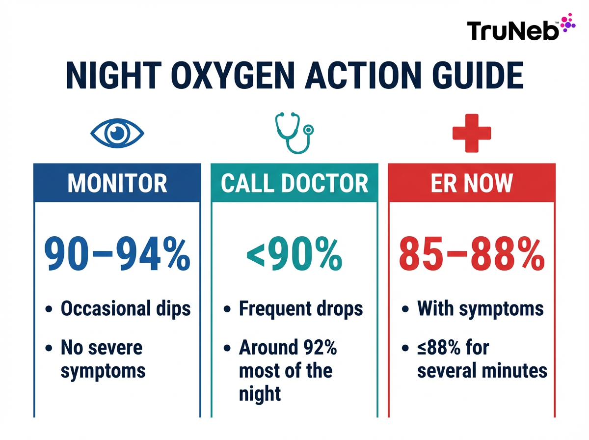 Checklist showing when to monitor, call a doctor, or go to the ER for low night oxygen.