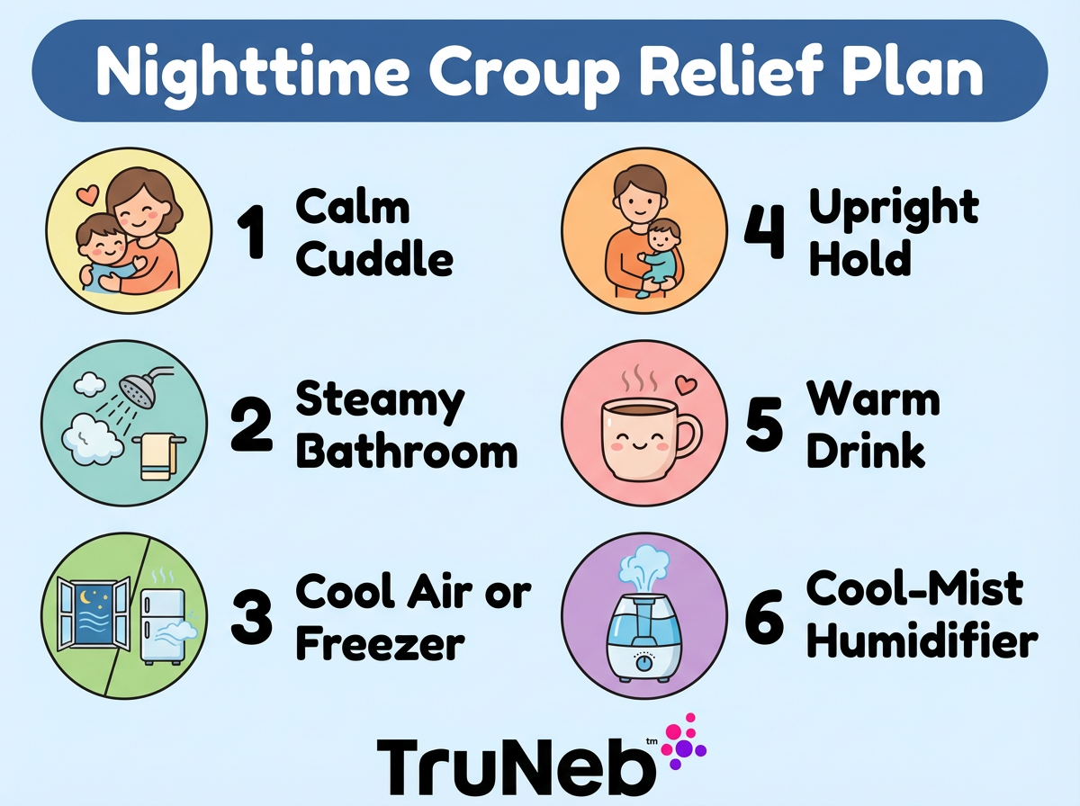 Simple checklist graphic showing six steps to calm croup at night.