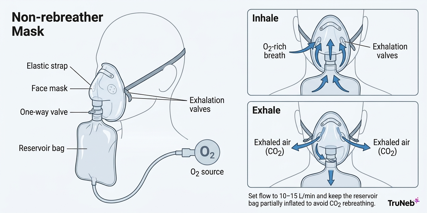 Infographic showing how a non-rebreather mask works during inhalation and exhalation