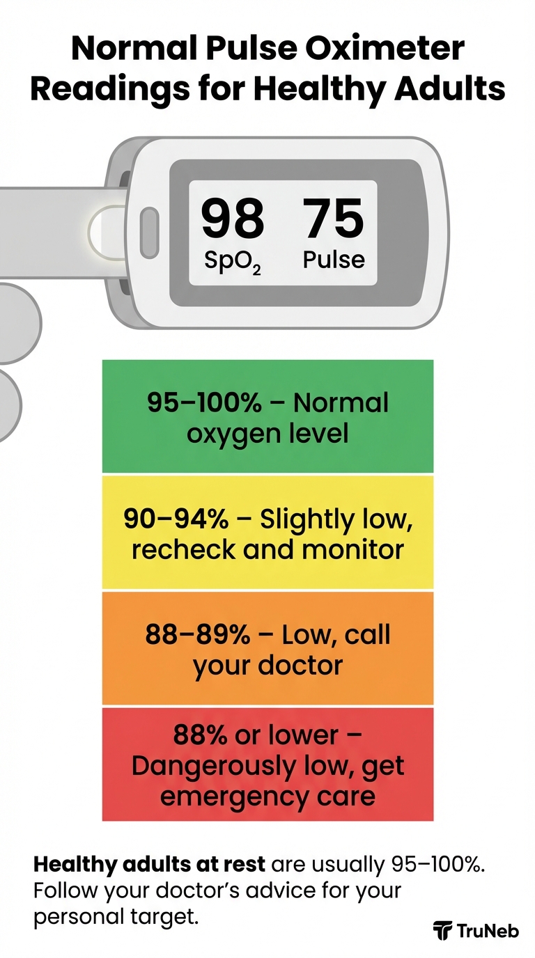 Normal Pulse Oximeter Readings for Healthy Adults Infographic showing normal pulse oximeter readings for healthy adults at sea level