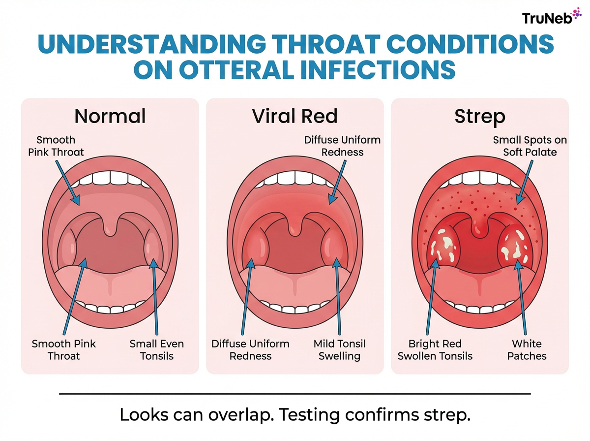 Infographic illustrations of normal, viral red, and strep throat appearances with labeled diagrams.