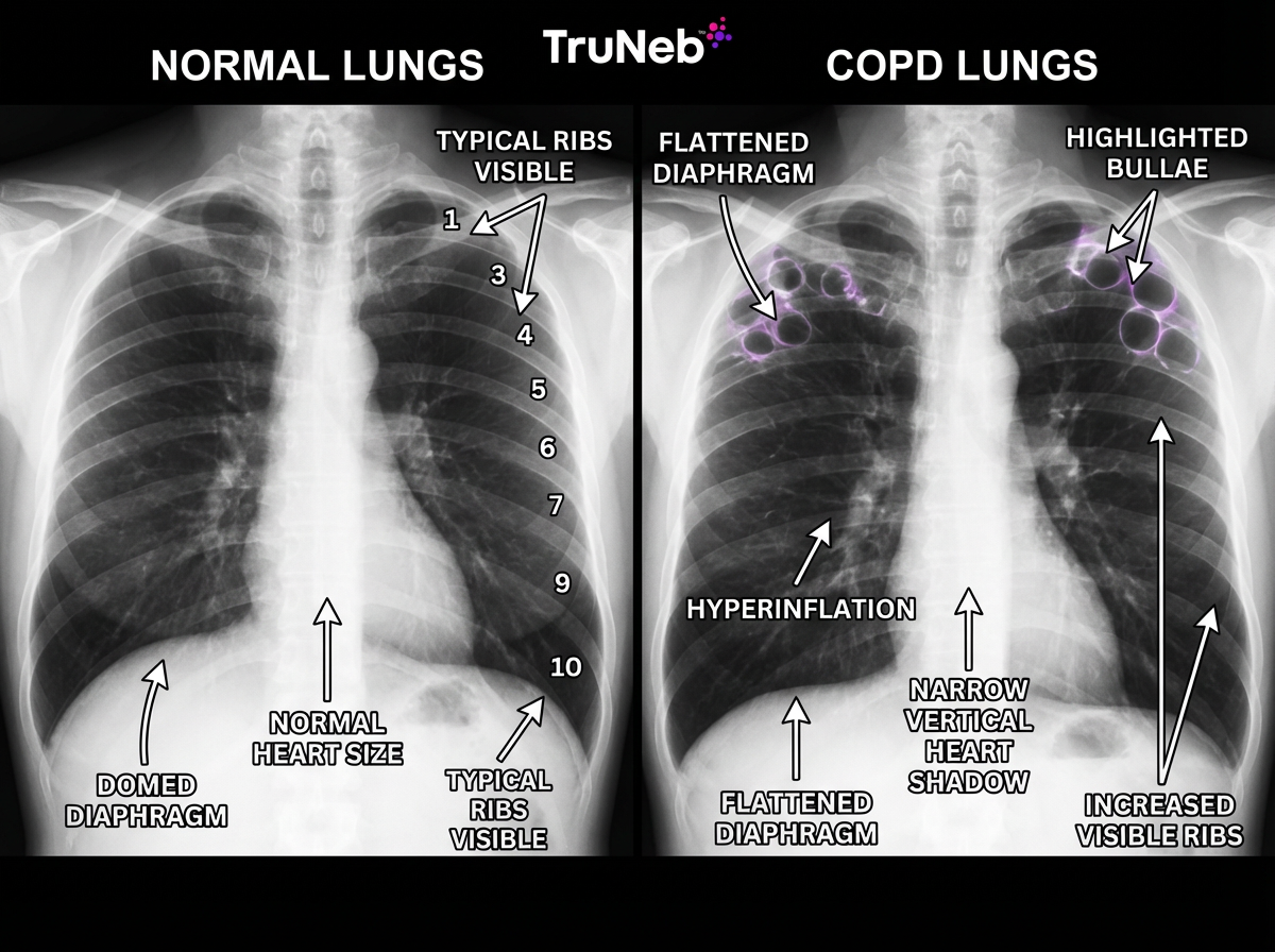 Chest X-ray comparison labeling hyperinflation, flattened diaphragm, bullae, and a narrow heart shadow in COPD versus a normal X-ray.