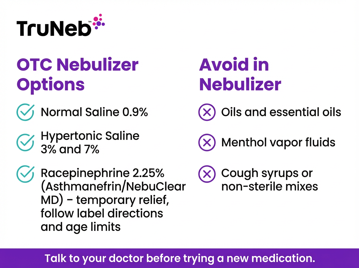 OTC nebulizer options and items to avoid infographic Checklist showing safe OTC nebulizer options and items to avoid.