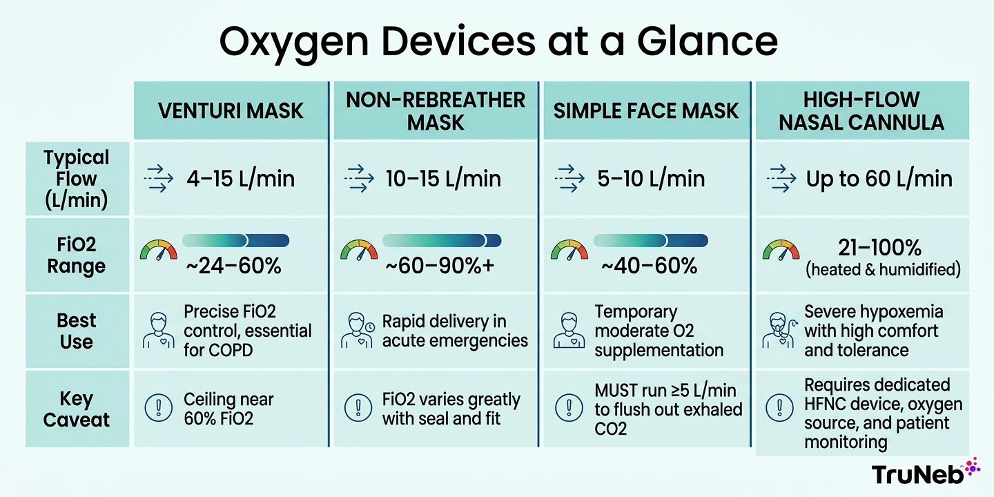 Comparison chart of common oxygen delivery devices and settings