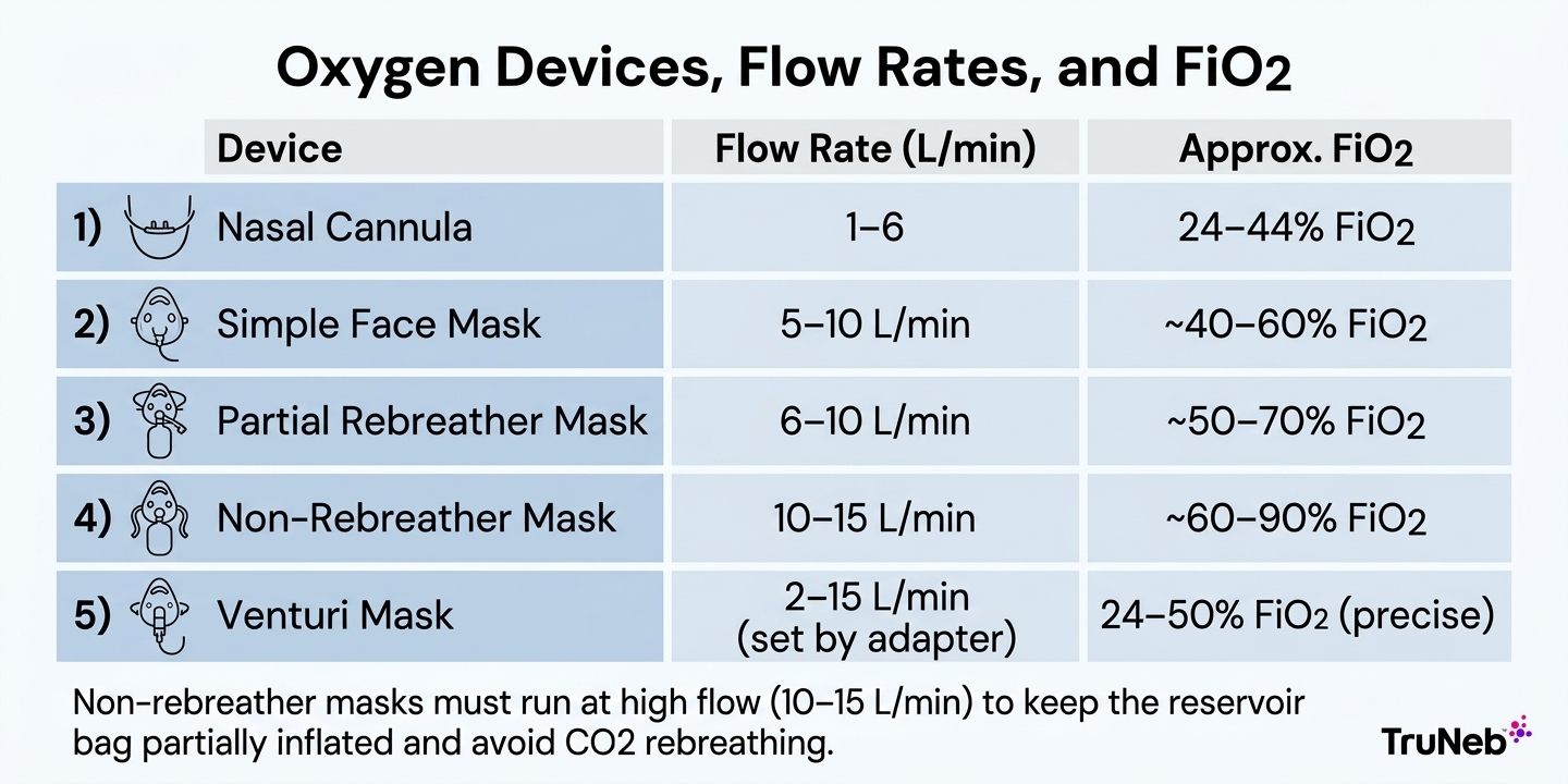 Infographic comparing oxygen devices by flow rate and approximate FiO₂