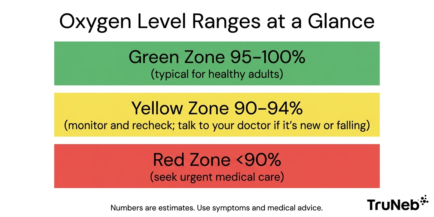 Infographic showing oxygen level ranges with green, yellow, and red zones