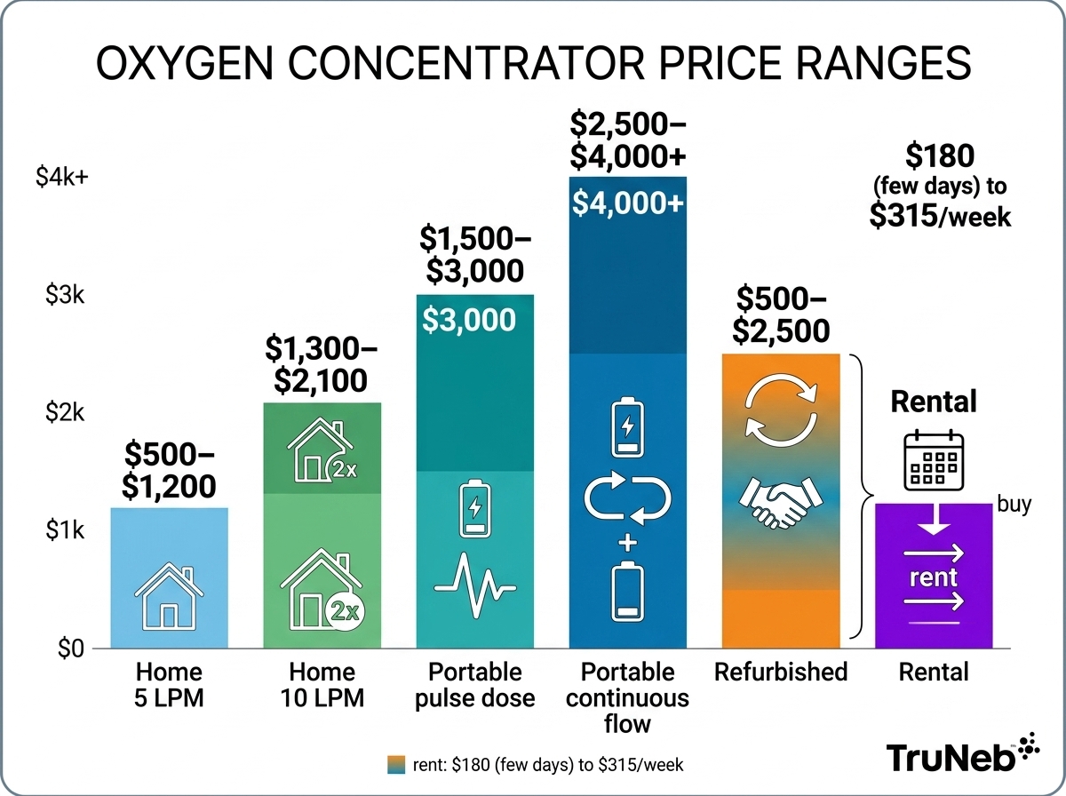 Oxygen concentrator price ranges by type including home, portable, refurbished, and rental oxygen machines