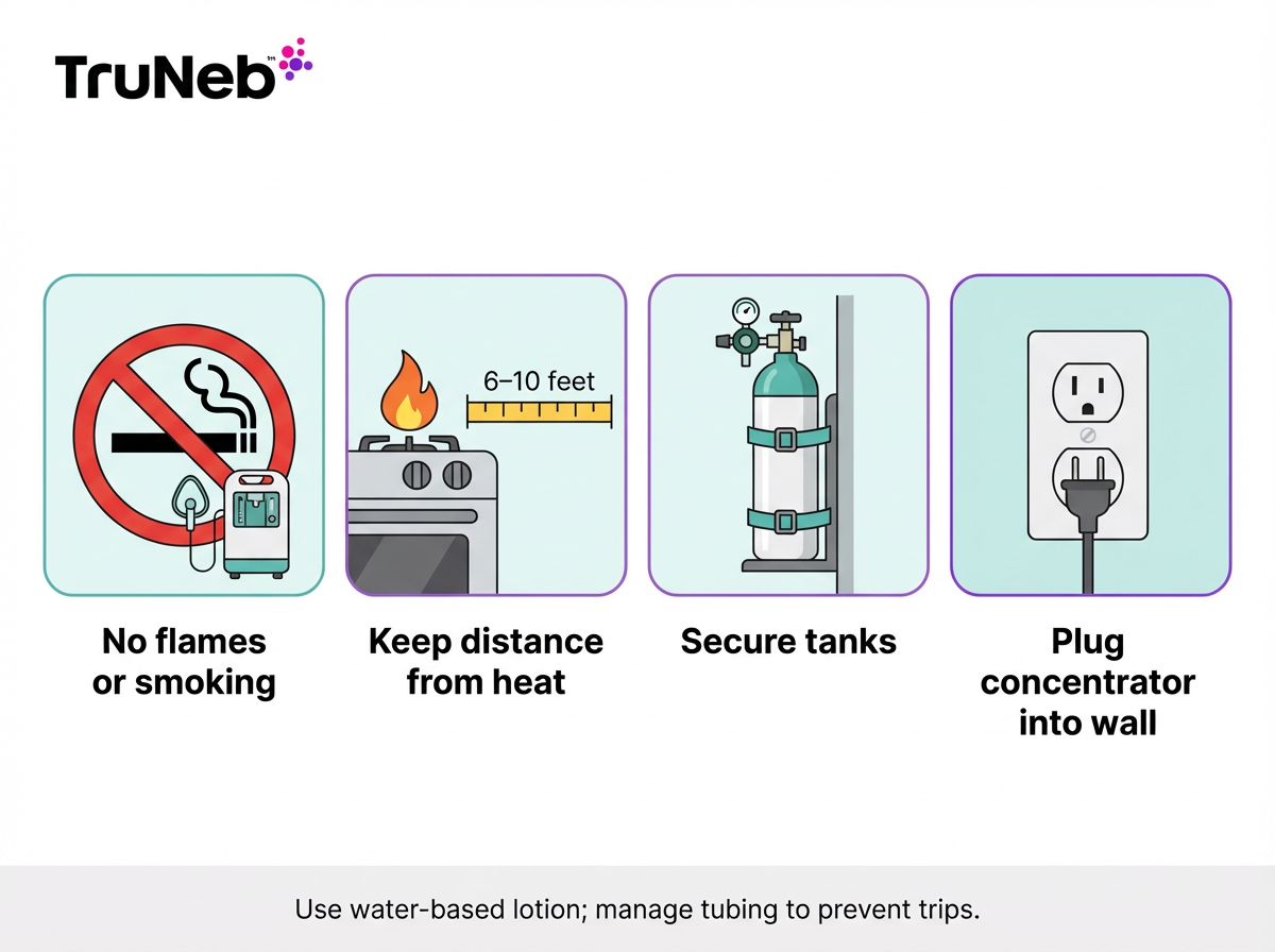 Home oxygen safety tips infographic Infographic with four home oxygen safety icons and short labels.