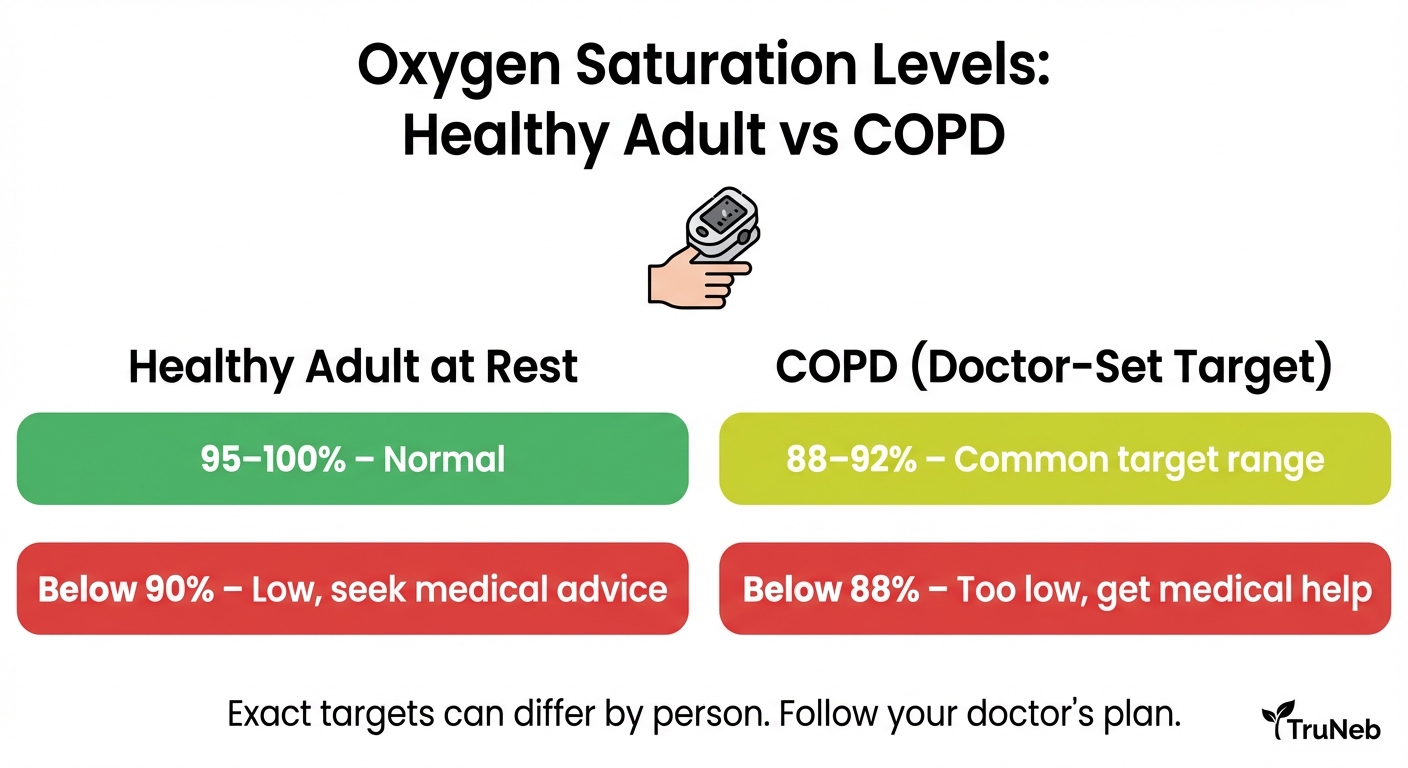 Oxygen Saturation Levels: Healthy Adult vs COPD Side-by-side infographic comparing oxygen saturation ranges for healthy adults and people with COPD