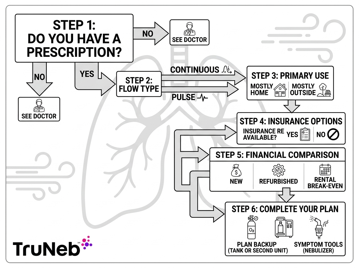 Decision tree for choosing home oxygen concentrators, portable concentrators, rentals, or tanks