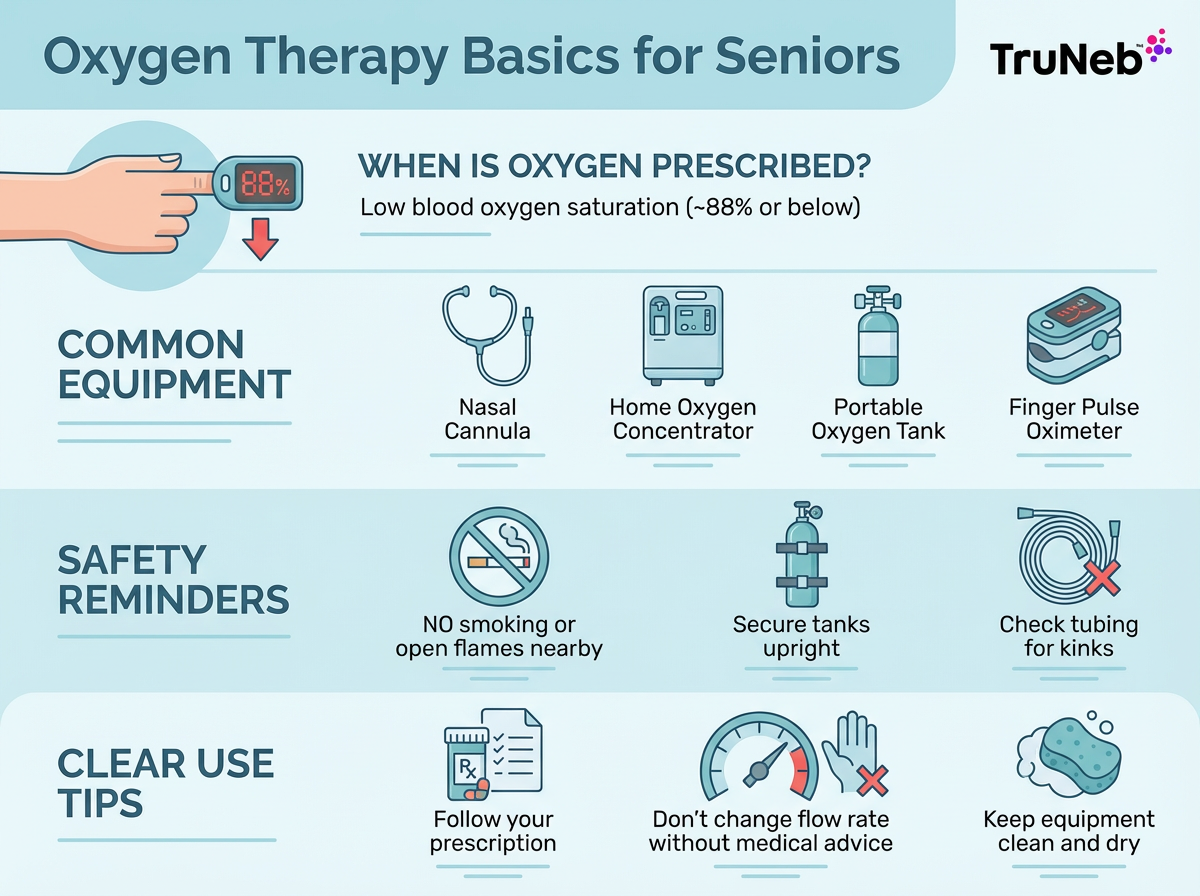 Oxygen Therapy Basics for Seniors Infographic Infographic titled Oxygen Therapy Basics for Seniors showing when oxygen is prescribed, common equipment, safety reminders, and clear use tips.