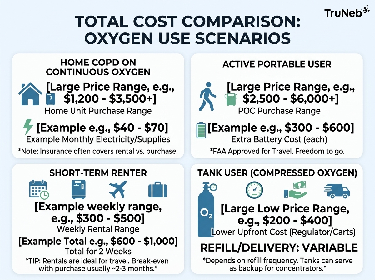 Total cost comparison for home oxygen concentrators, portable concentrators, rentals, and oxygen tanks