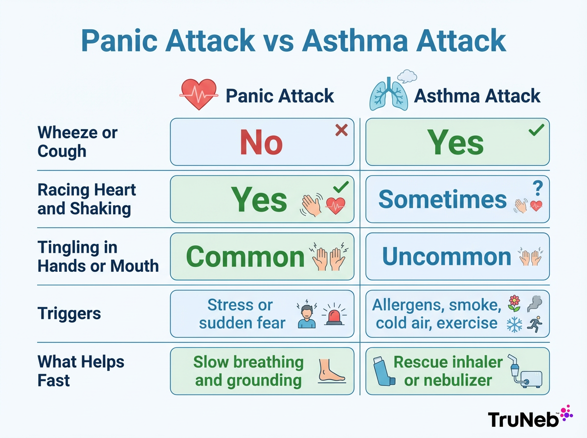 Simple side-by-side chart comparing panic attack and asthma attack signs