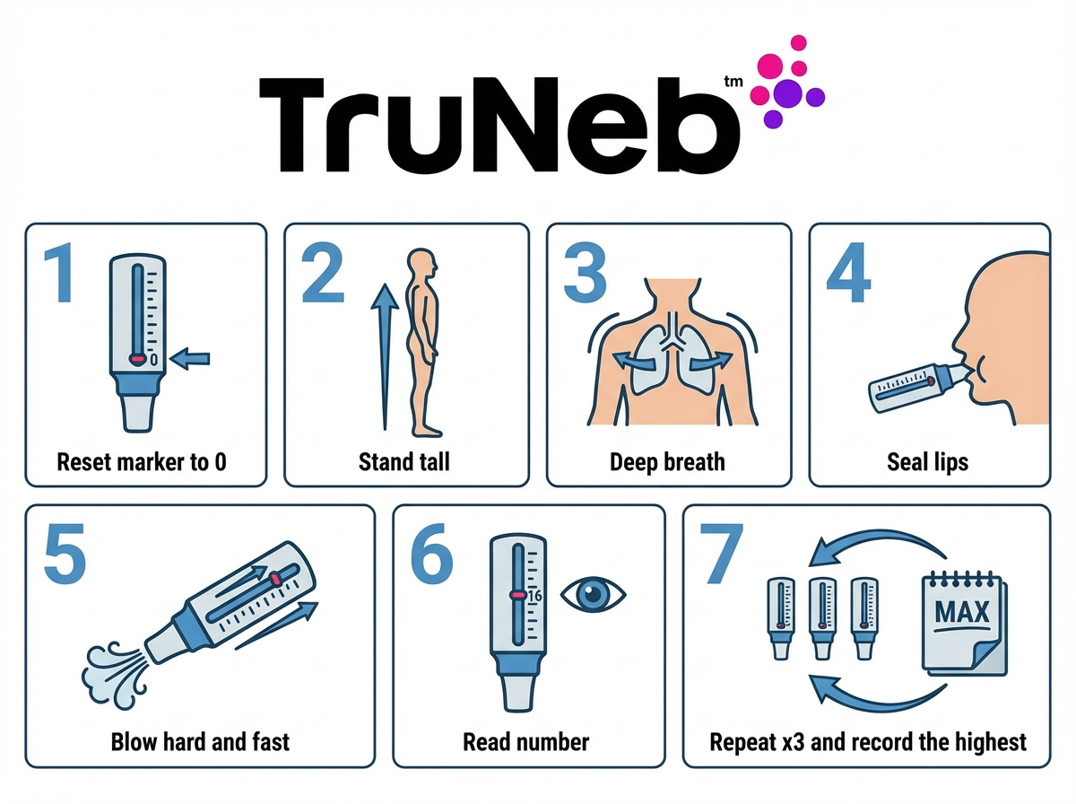Seven illustrated steps for using a peak flow meter Seven illustrated steps for using a peak flow meter, from resetting the marker to recording the highest reading