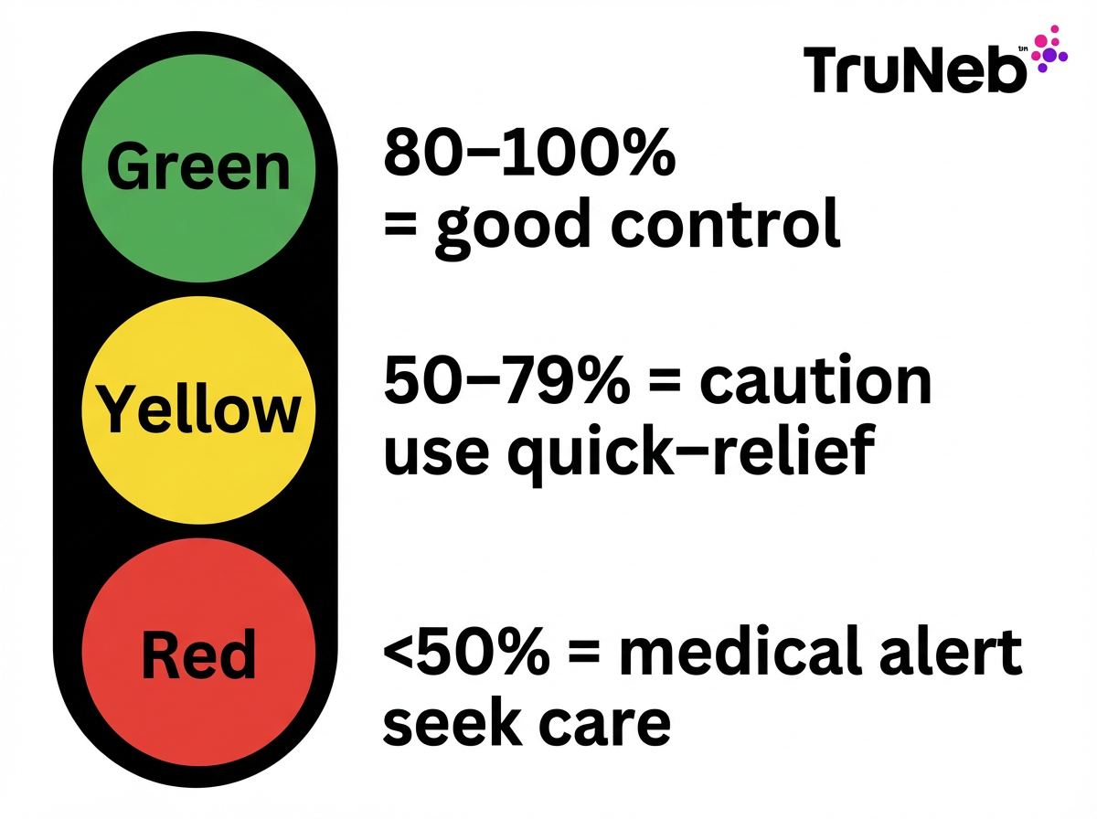 Peak flow meter traffic light zones Traffic light style chart of peak flow zones: green 80–100 percent, yellow 50–79 percent, red less than 50 percent