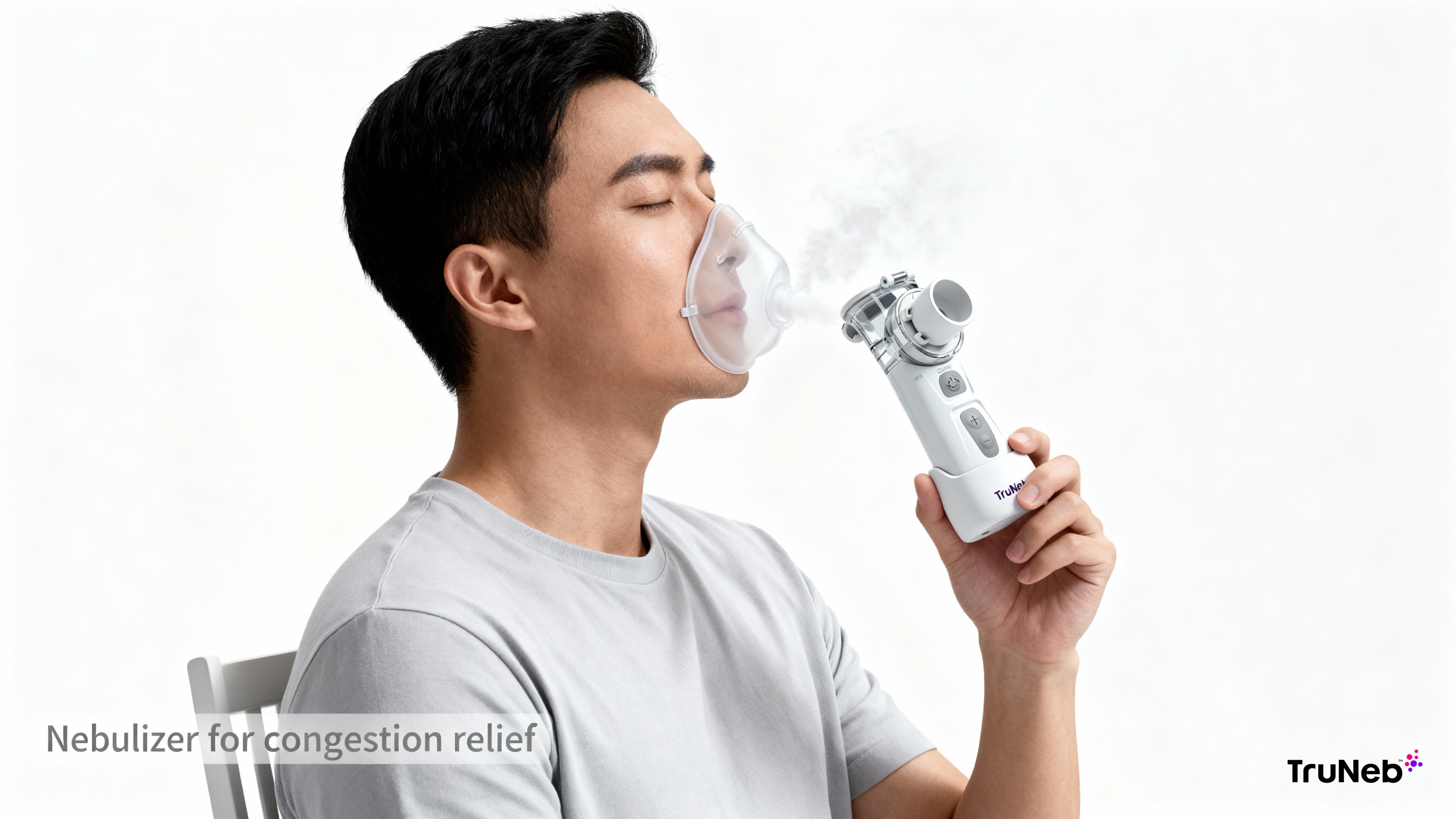 Adult using TruNeb portable nebulizer for congestion relief with a soft face mask on a white background