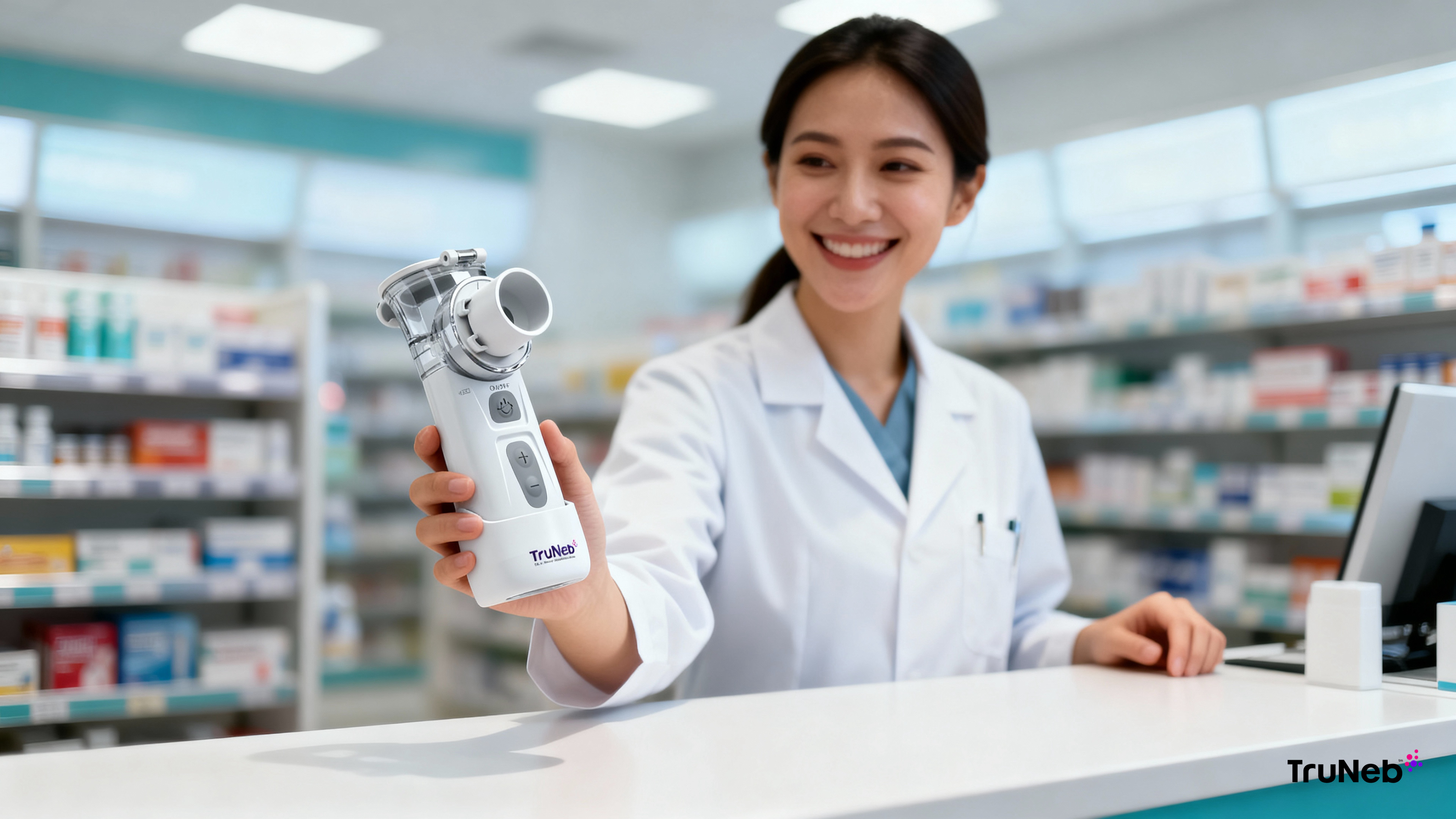 Pharmacist at a pharmacy counter holding a TruNeb Portable Nebulizer